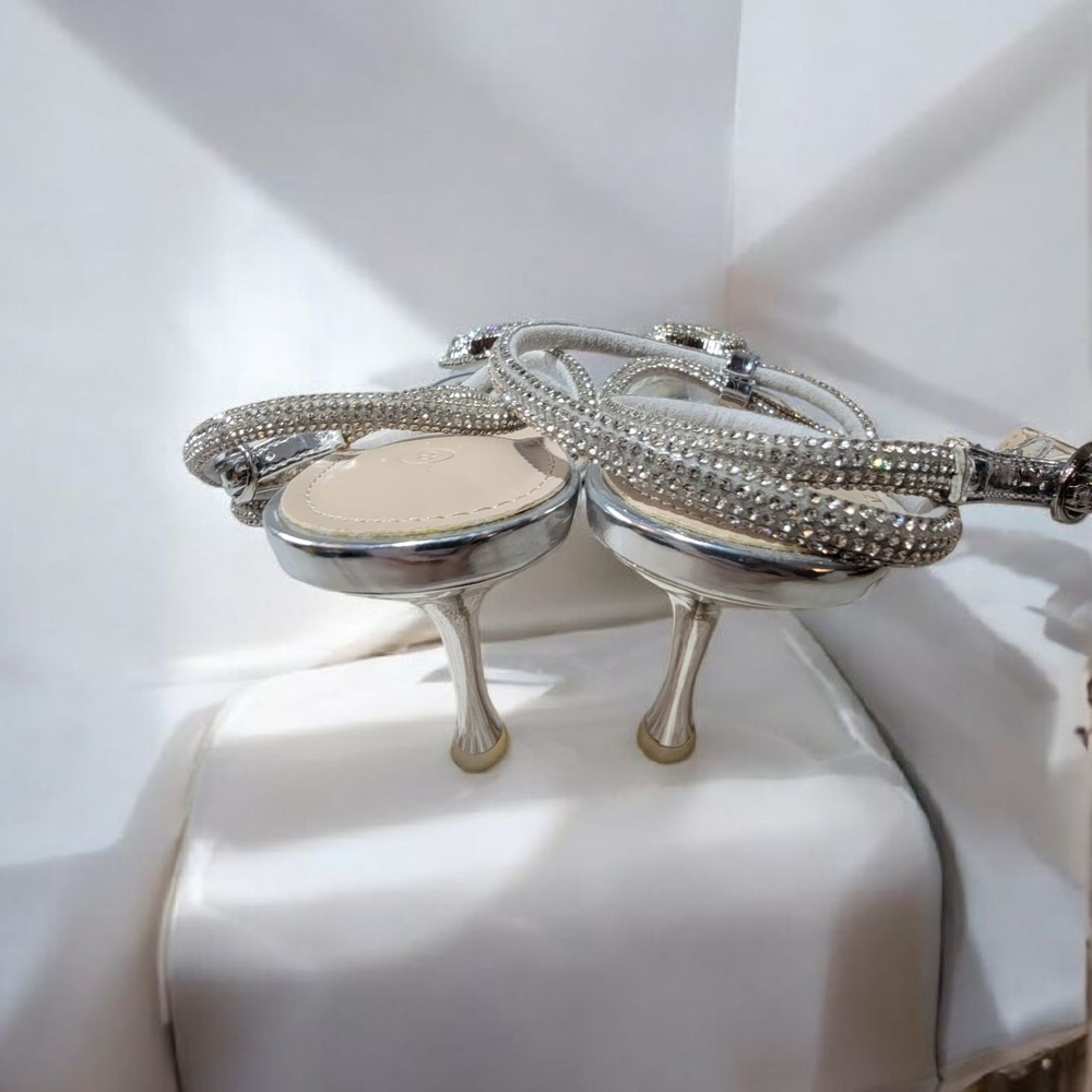 ZBY Woman's Silver Strappy Heels with Rhinestones Size 8 - Picture 6 of 8